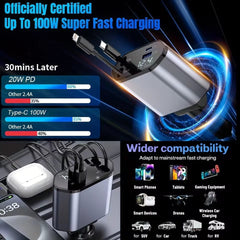 4-in-1 Retractable Car Charger | Dual USB & USB-C PD Fast Charging, 100W