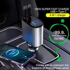 4-in-1 Retractable Car Charger | Dual USB & USB-C PD Fast Charging, 100W