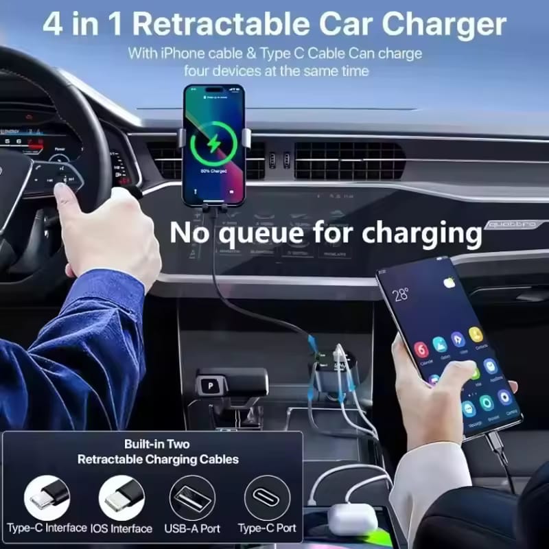4-in-1 Retractable Car Charger | Dual USB & USB-C PD Fast Charging, 100W