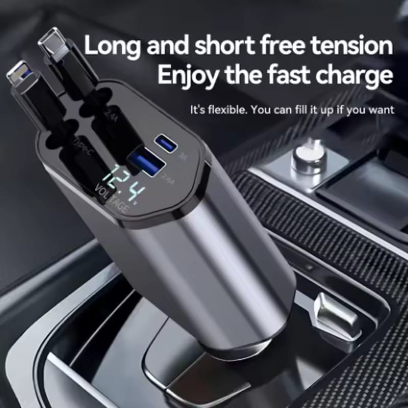 4-in-1 Retractable Car Charger | Dual USB & USB-C PD Fast Charging, 100W